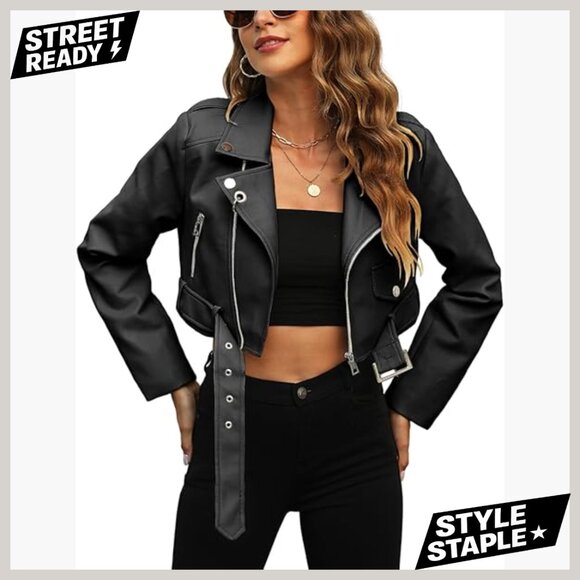 Jackets & Blazers - Cropped Faux Leather Jacket Bomber Zip Up Moto Coat with Pockets